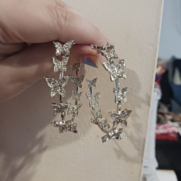 Silver Diamond Butterfly Hoop Earrings - Picture 8 of 9